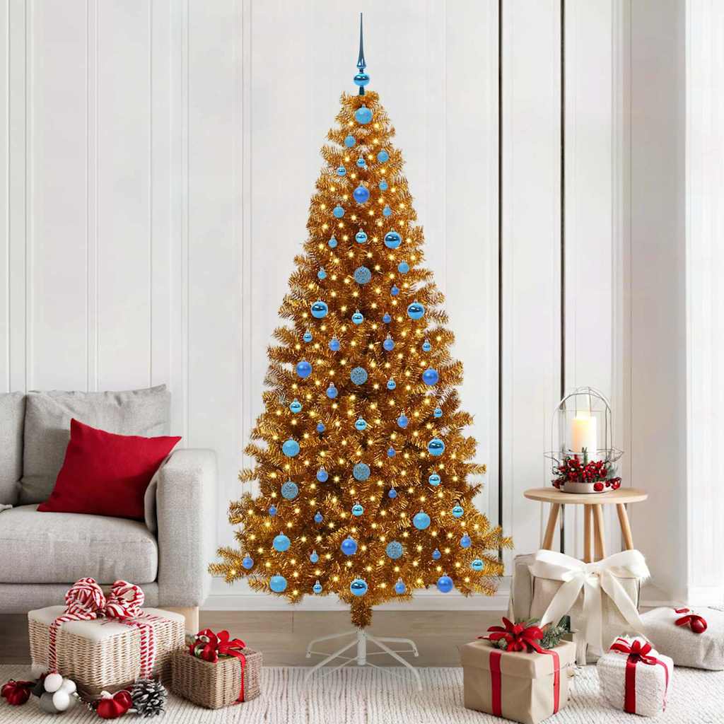 Christmas Tree with LED Light PET and Steel 210 cm Gold with 300 LEDs&blue balls