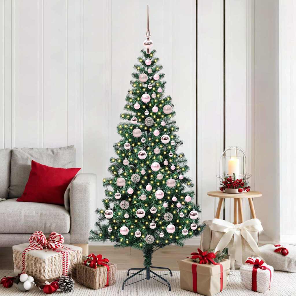 Artificial Pre-lit Christmas Tree Green PVC and Metal 180 cm with leds &pink balls