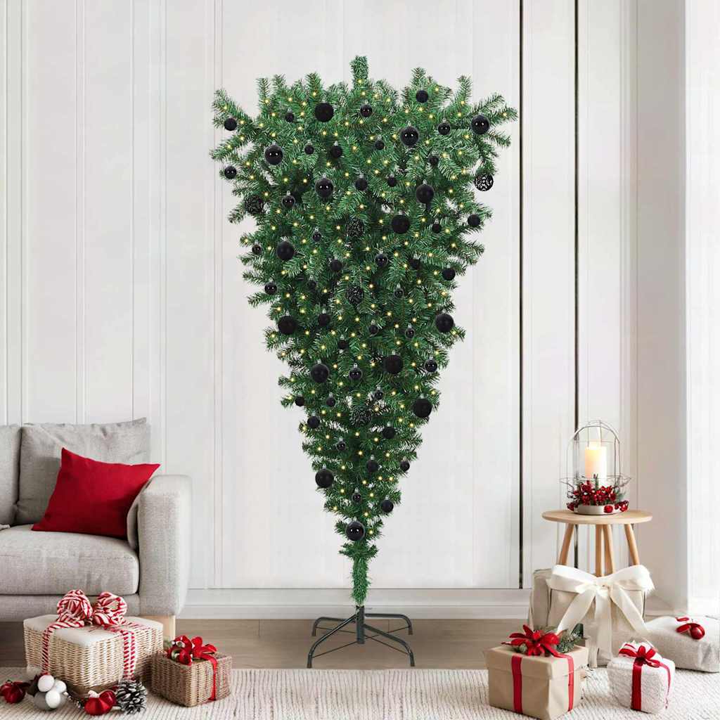 Upside-down Artificial Pre-lit Christmas Tree with Ball Set PVC Width 210 cm with 120 black balls