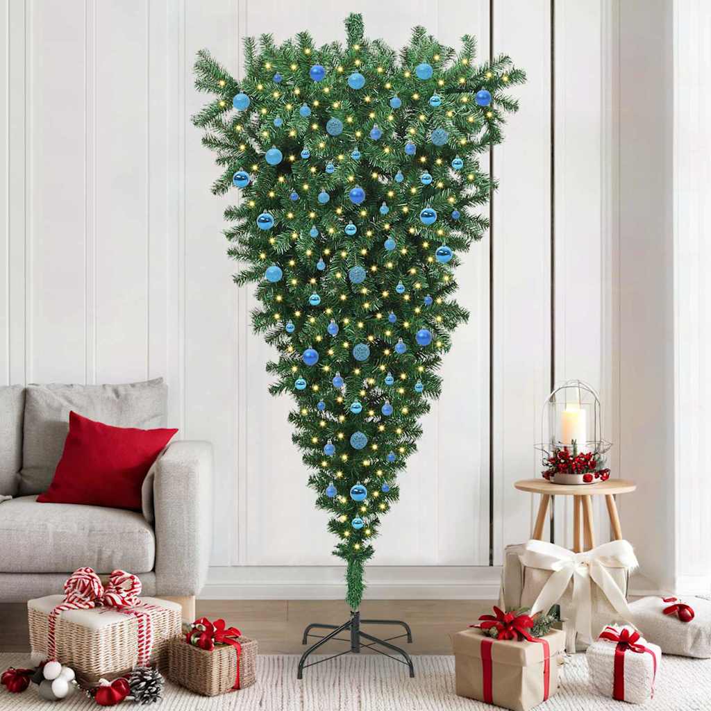 Upside-down Artificial Pre-lit Christmas Tree with Ball Set PVC Width 210 cm with 120 blue balls