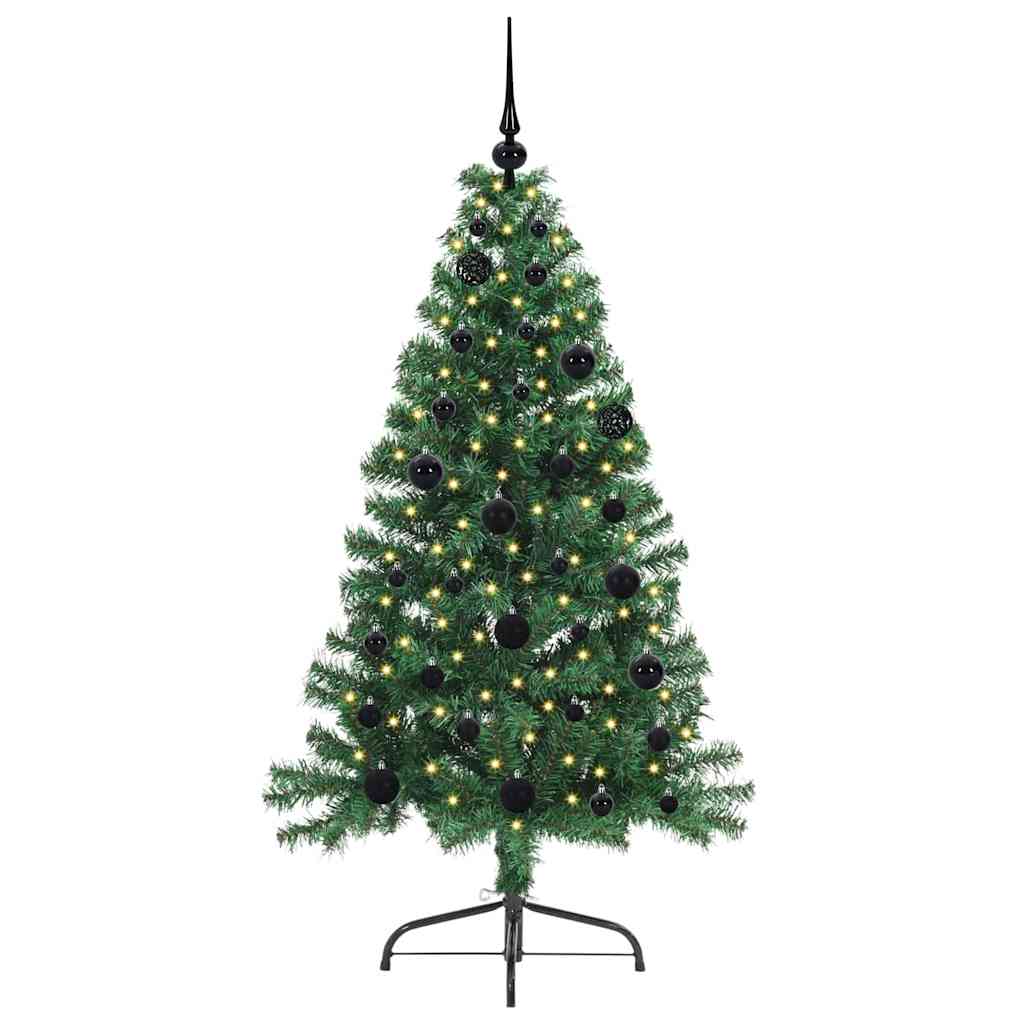 The green artificial Christmas tree with black baubles and lights, front view