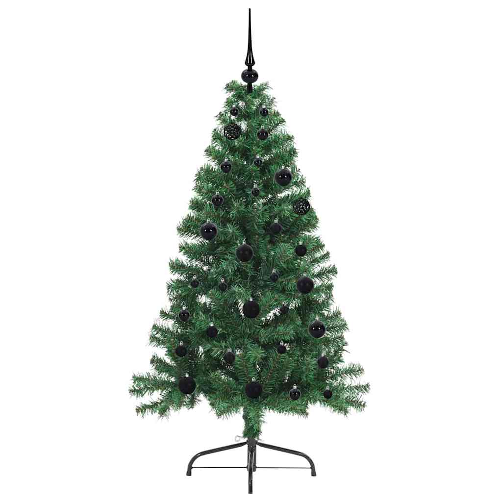 The green artificial Christmas tree with black baubles and lights, slightly angled