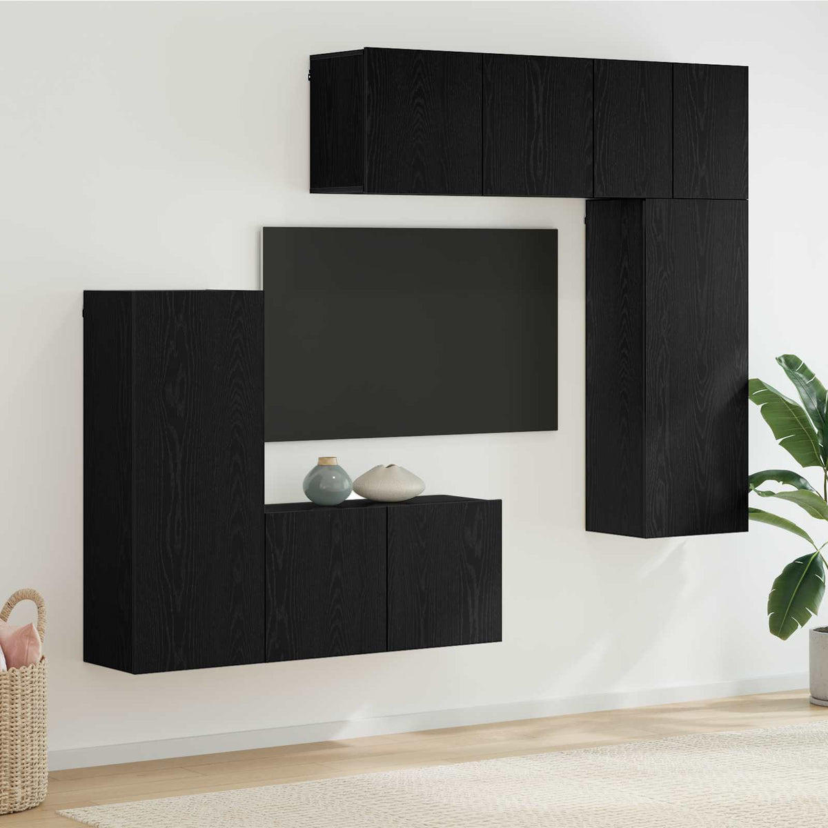 5 Piece TV Wall Units Engineered Wood Black oak