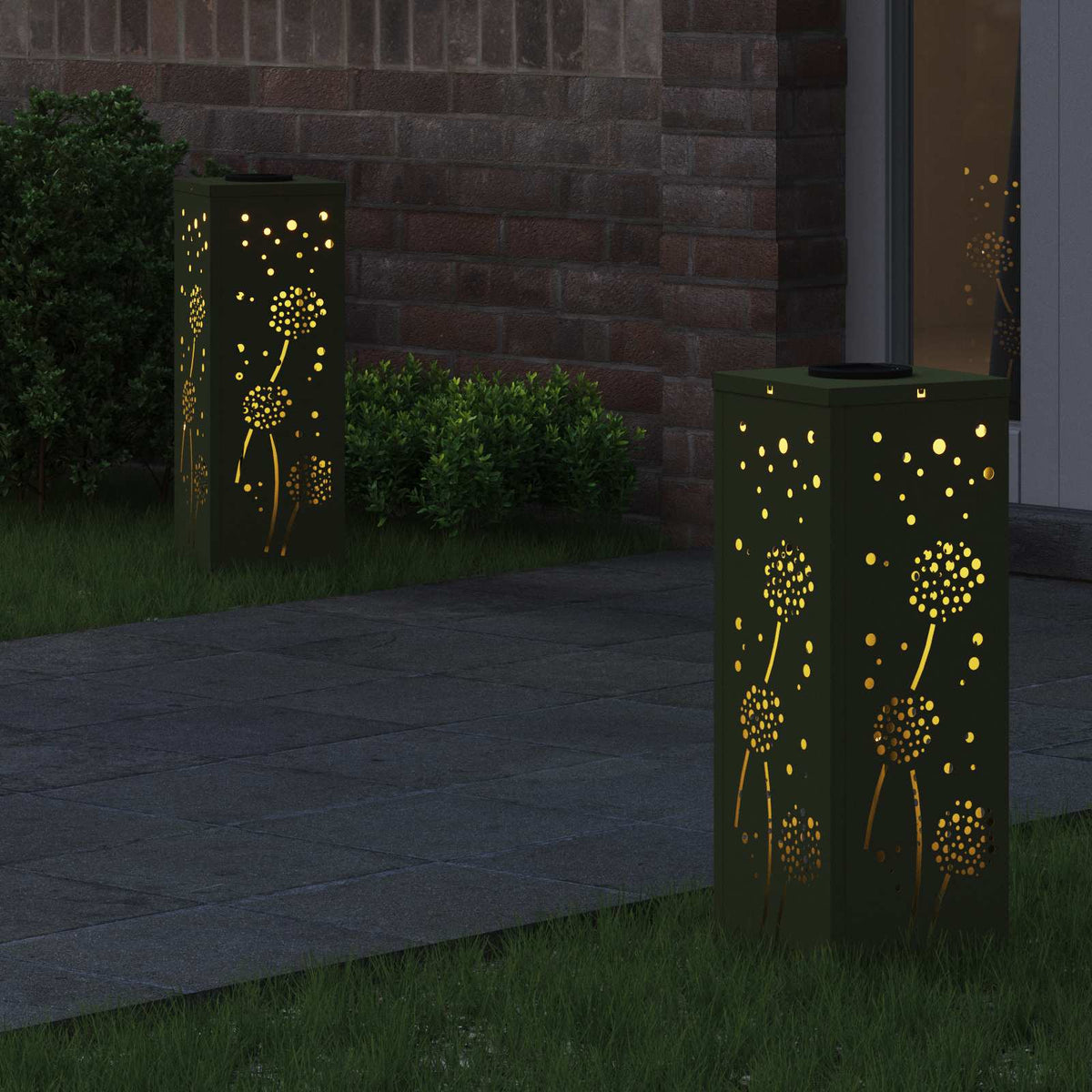 Solar LED Pathway Light 2 pcs Warm White 18 x 18 x 50 cm Dandelion pattern Olive green