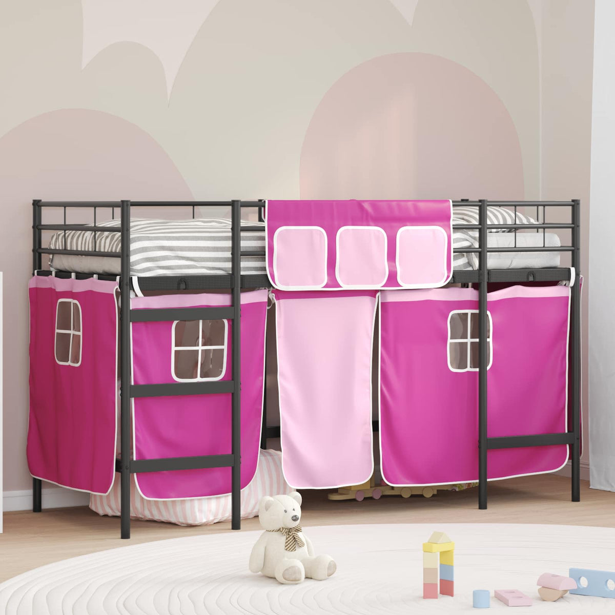 Kids Bunk Bed Frame Curtains Length Black pink