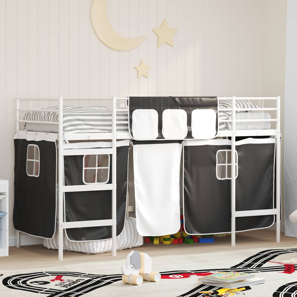 Kids Bunk Bed Frame Curtains Length White black