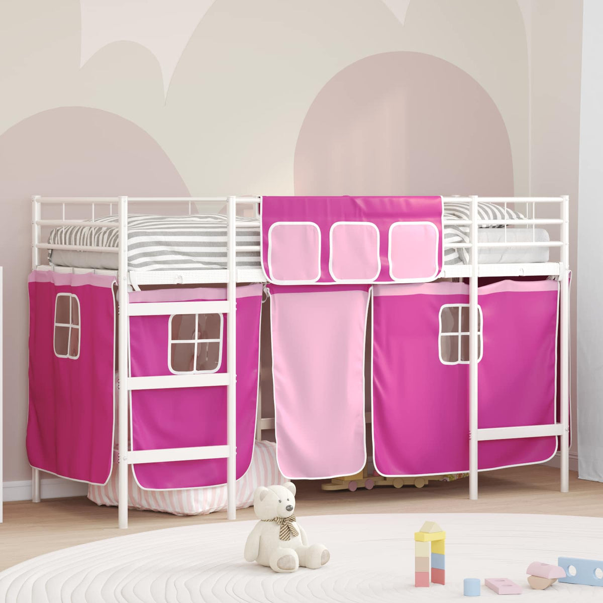 Kids Bunk Bed Frame Curtains Length White pink