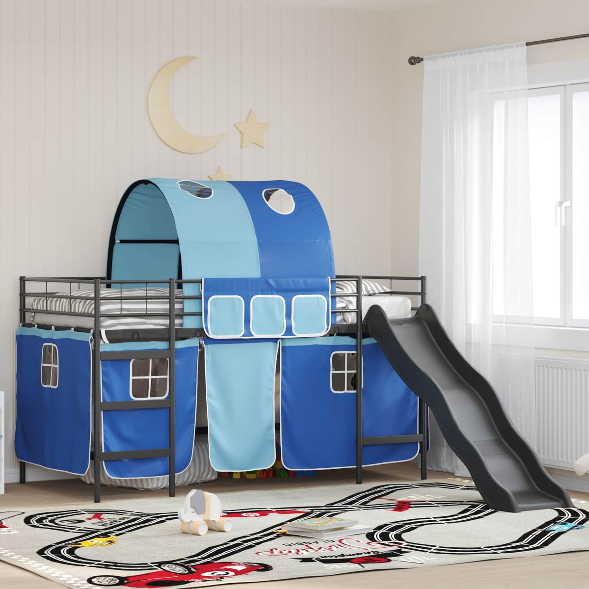Kids' Bunk Bed Frame with Curtains Length 200 cm Black and blue 80 cm