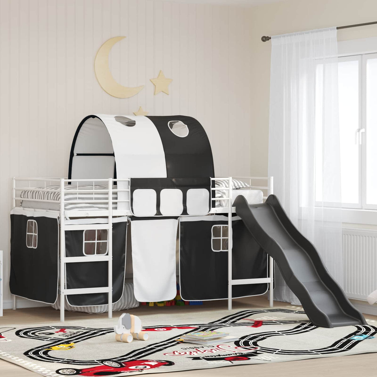 Kids' Bunk Bed Frame with Curtains Length 200 cm White and black 80 cm