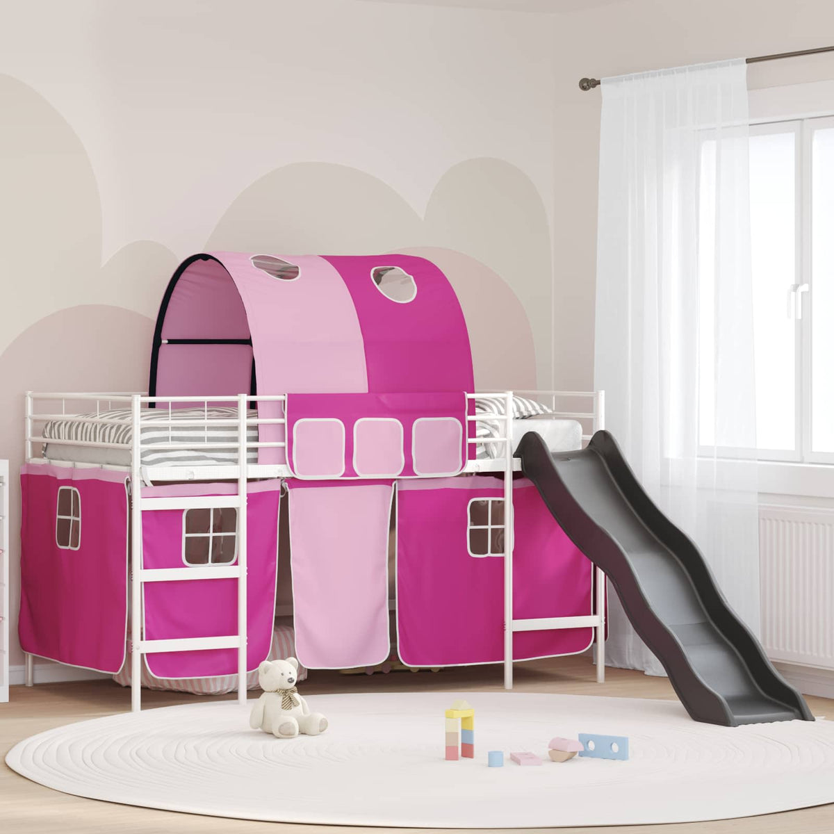 Kids' Bunk Bed Frame with Curtains Length 200 cm White and pink 80 cm
