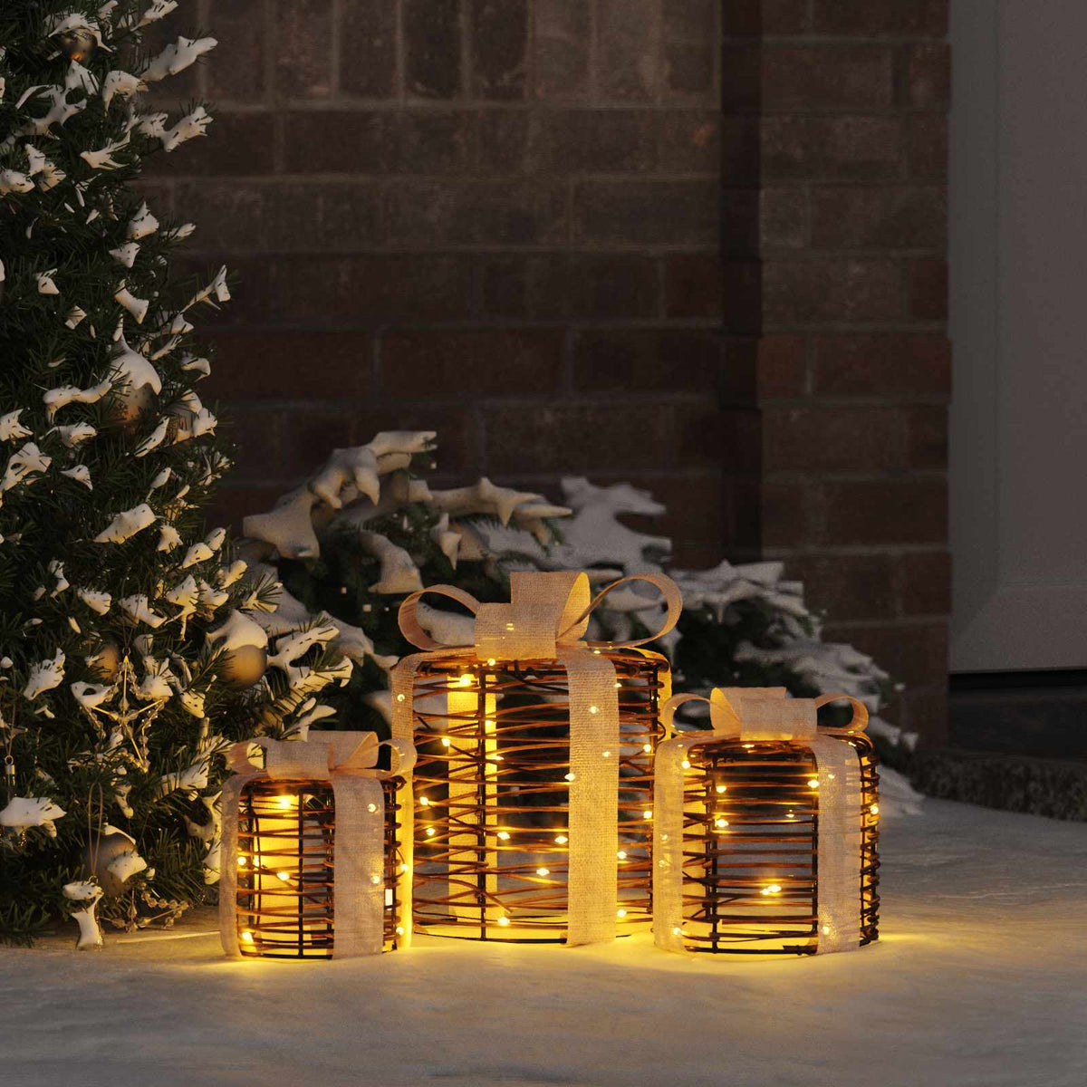 vidaXL Gift Box Decoration 3 pcs Warm white 20 x 20 x 20 cm Rattan 1