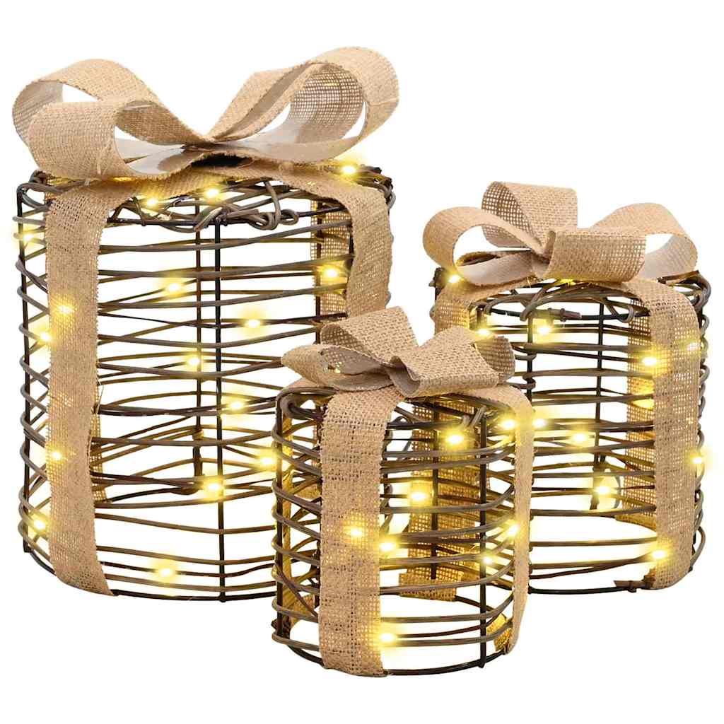 vidaXL Gift Box Decoration 3 pcs Warm white 20 x 20 x 20 cm Rattan 2