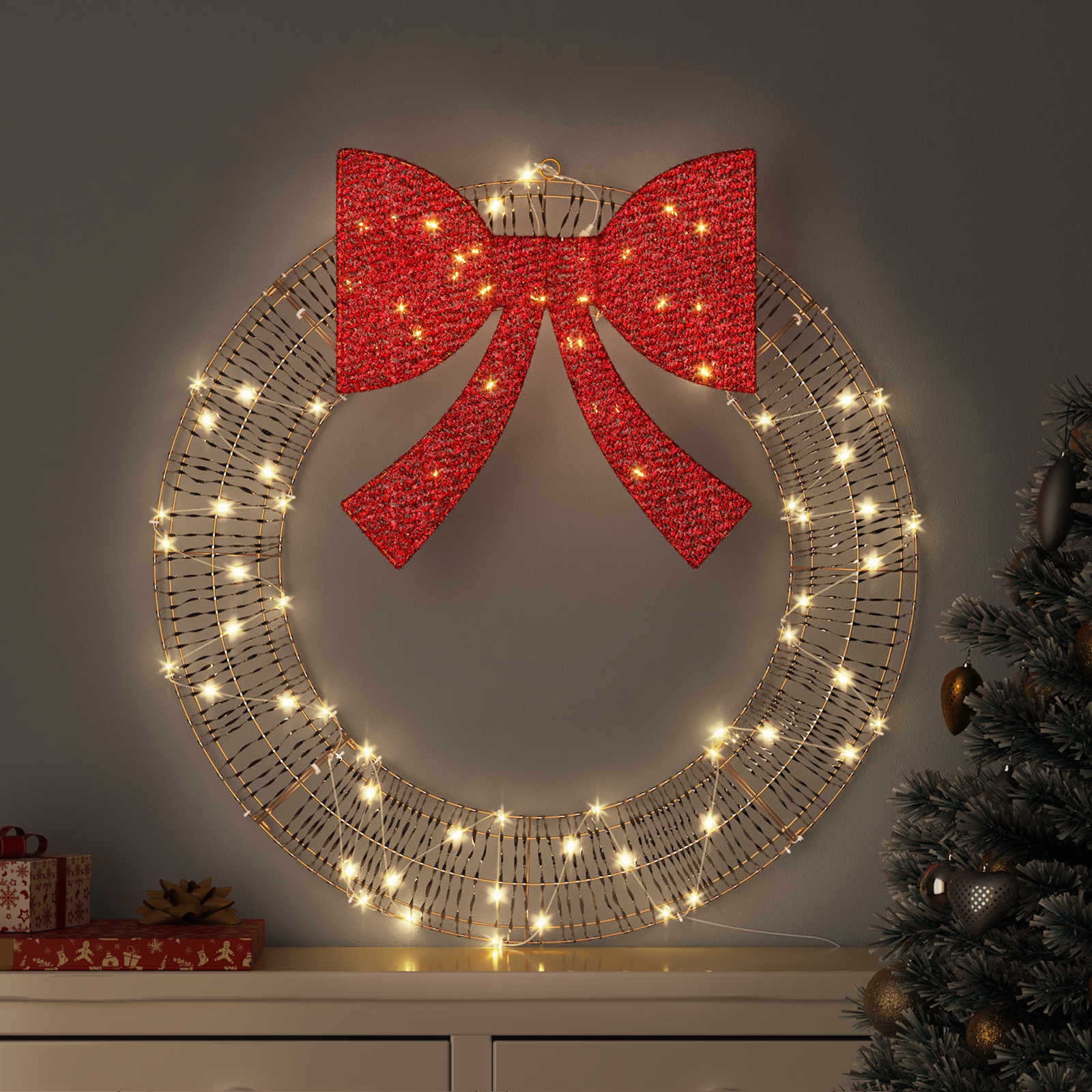Wreath Warm white 75 x 75 x 8 cm PET 60 LEDs 75 cm Gold PET