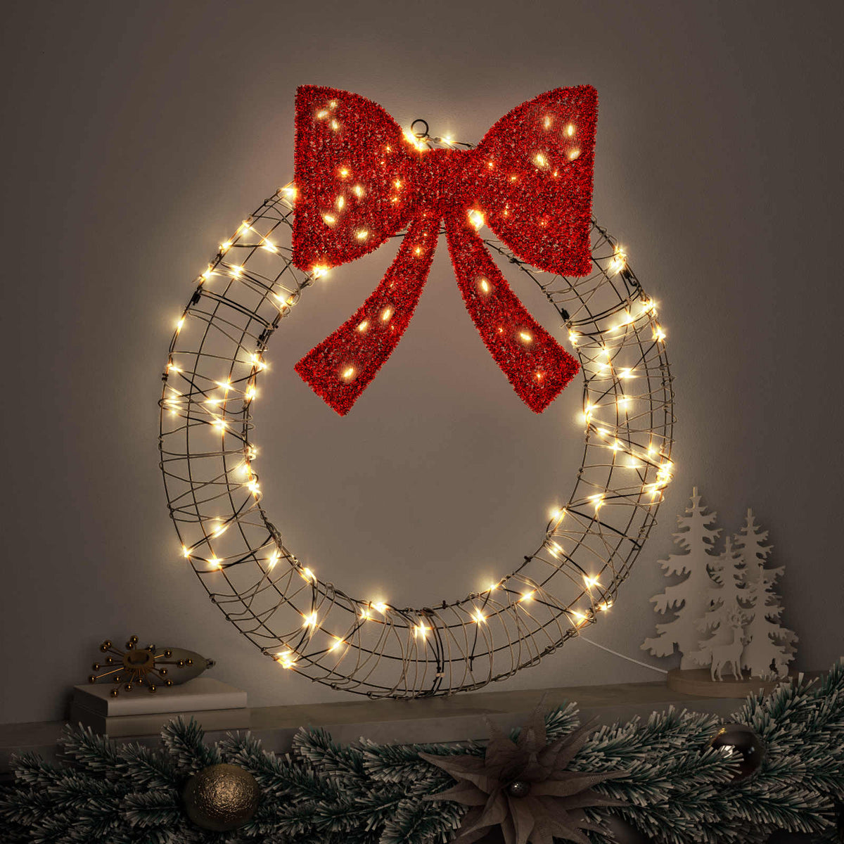 Wreath Warm white 75 x 75 x 8 cm PET 60 LEDs 75 cm Rattan