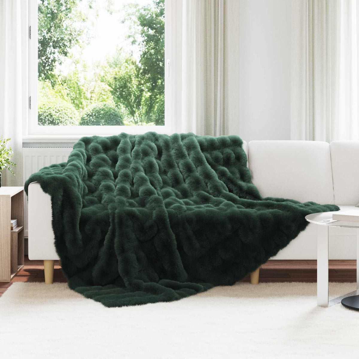 Anti-Slip Faux Rabbit Fur Blanket OLITE Dark green