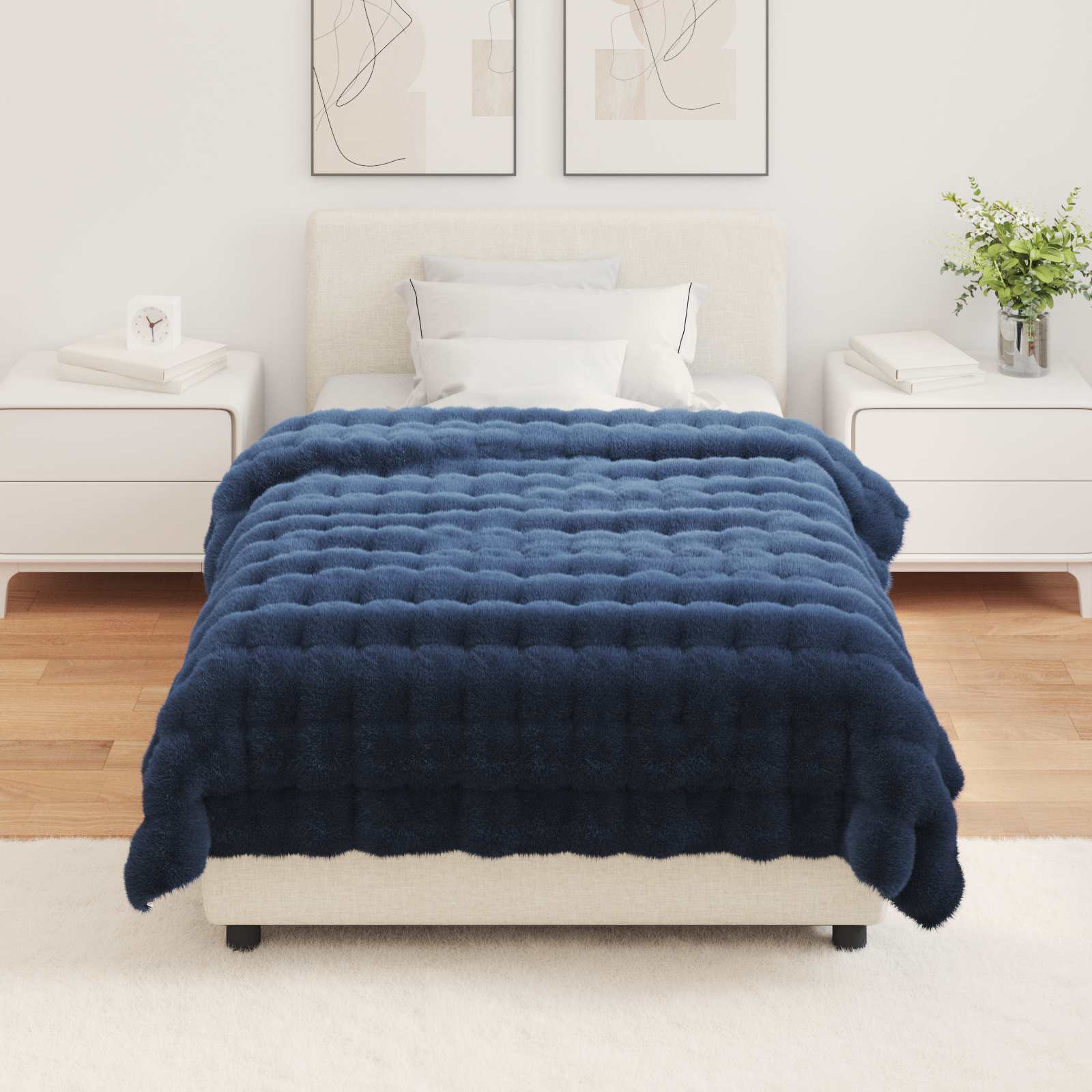 vidaXL Anti-Slip Faux Rabbit Fur Blanket Olite Marine Blue Polyester 4