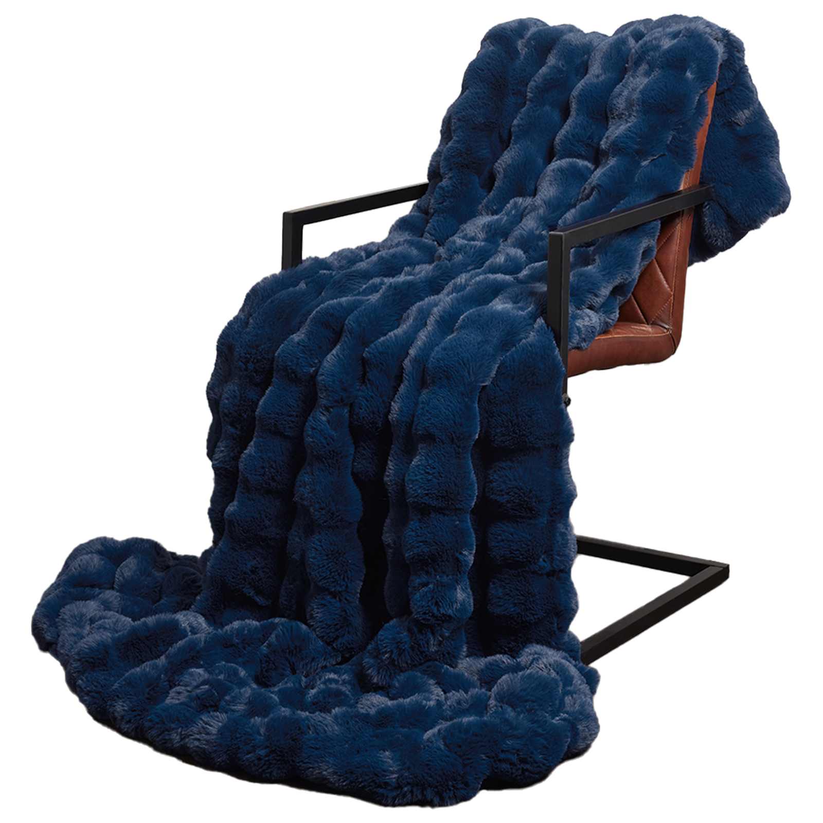 vidaXL Anti-Slip Faux Rabbit Fur Blanket Olite Marine Blue Polyester 3