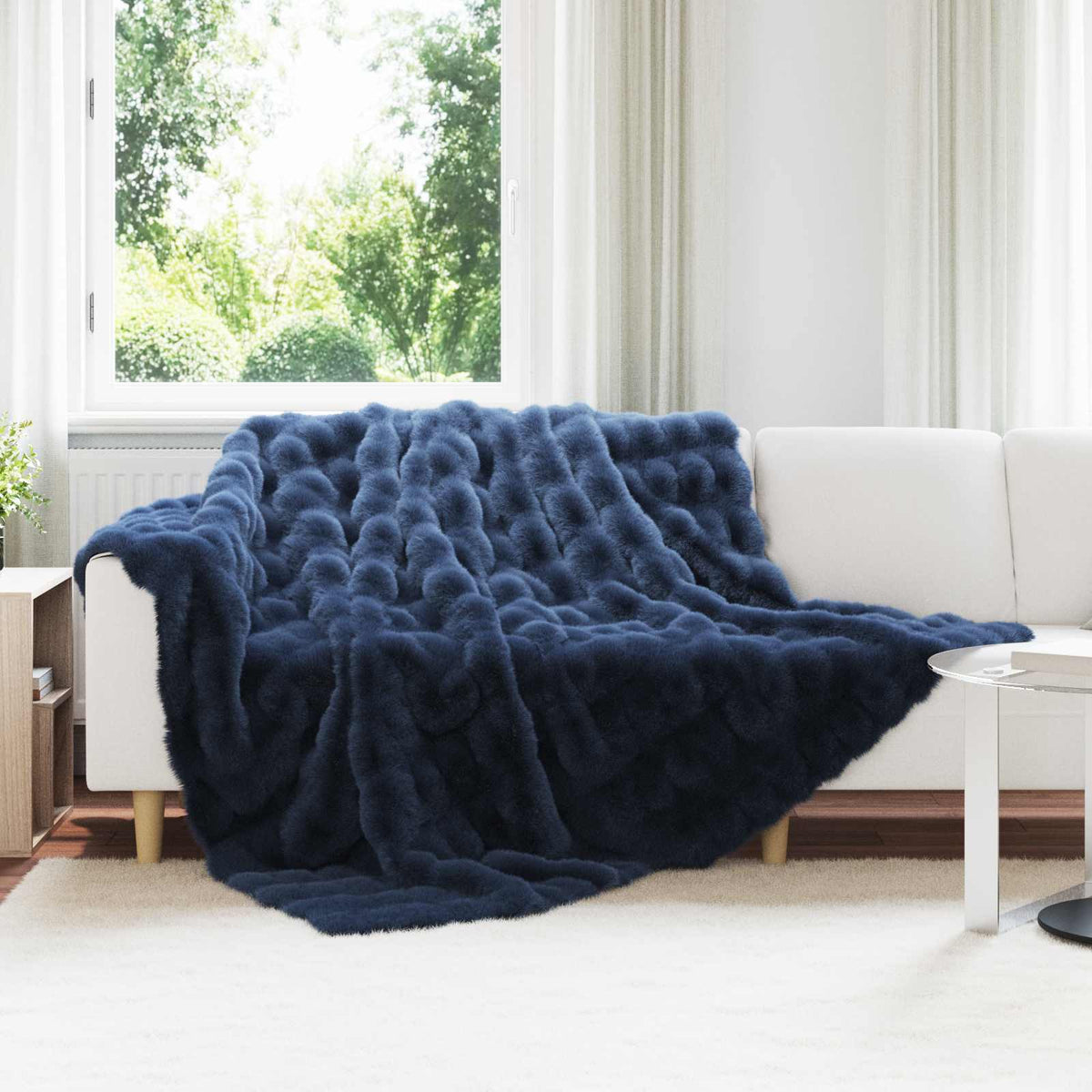 Anti-Slip Faux Rabbit Fur Blanket OLITE Marine blue