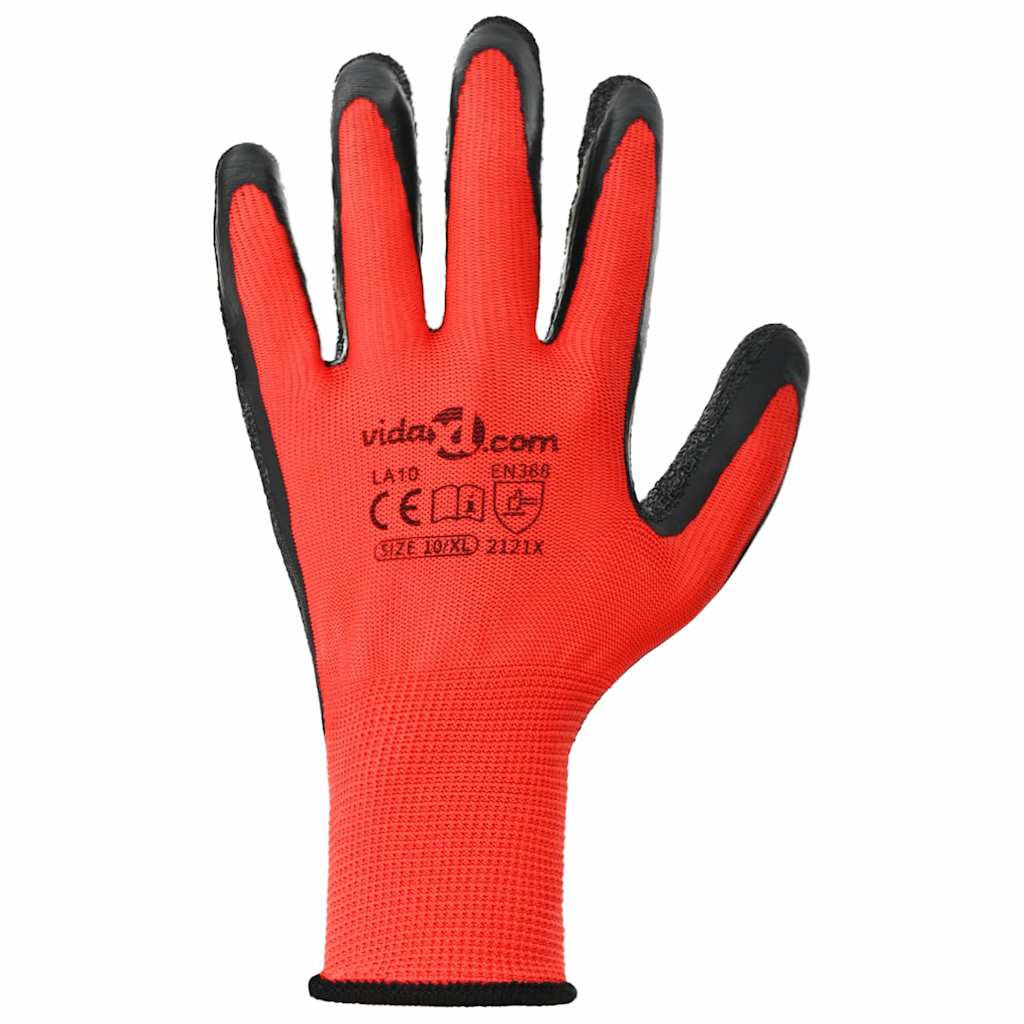 vidaXL Work Gloves 24 pcs Red and Black 10 / XL Latex Coating 6