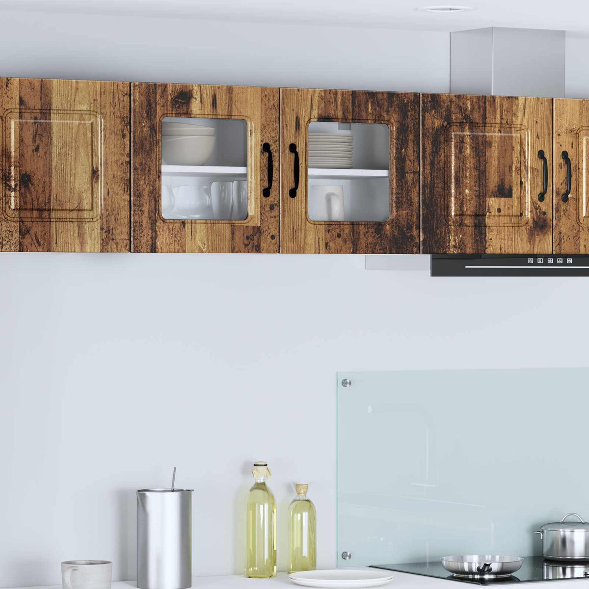 Kitchen Wall Cabinet with Glass Door "Kalmar" Old wood 1x wall corner cabinet 57 cm wide 100 cm high–2x wall glass cabinet (1 door) 40 cm wide 40 cm high 1x wall glass cabinet (2 doors) 80 cm wide 40 cm high