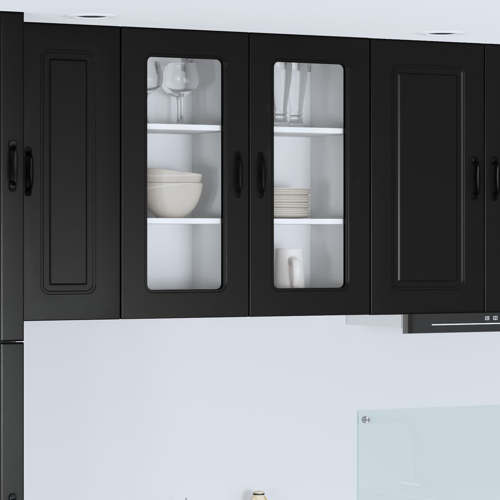 Dishwasher Panel with 2 Glass Doors KALMAR Black 1x wall glass cabinet (1 door) 40 cm wide 40 cm high–2x wall glass cabinet (1 door) 40 cm wide 80 cm high 1x wall glass cabinet (1 door) 40 cm wide 80 cm high