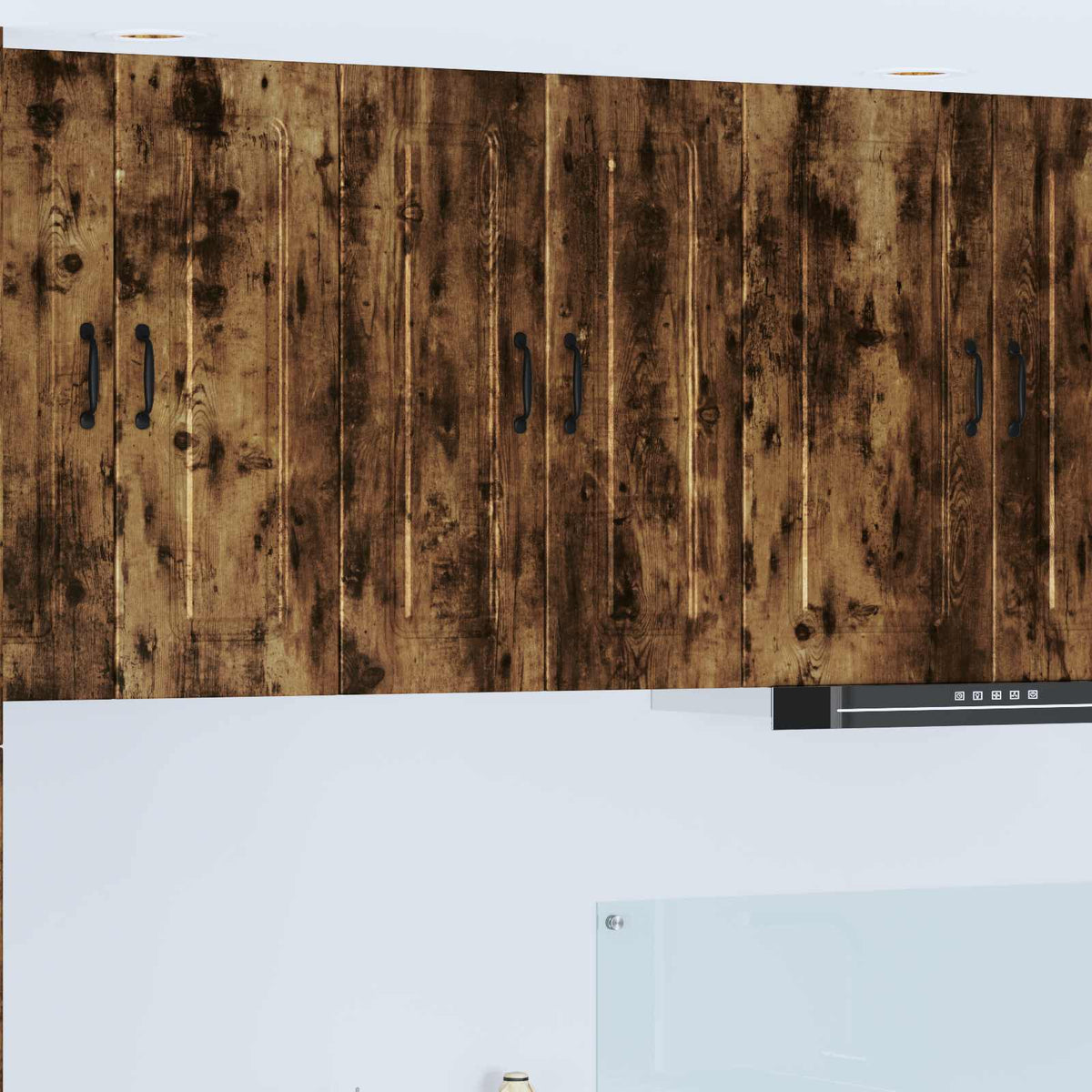 Kitchen Wall Cabinet "Kalmar" Engineered Wood Smoked oak 1x wall cabinet (1 door) 40 cm wide 40 cm high–1x wall corner cabinet 57 cm wide 80 cm high 1x wall cabinet (2 doors) 60 cm wide 80 cm high