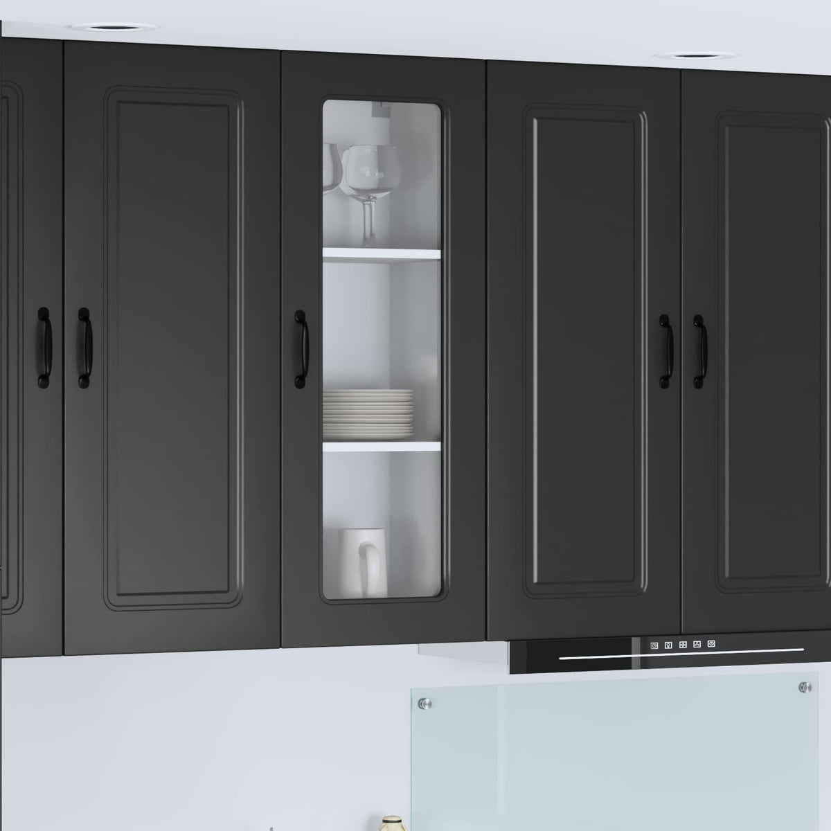 Dishwasher Panel with 2 Glass Doors KALMAR Black 1x wall glass cabinet (1 door) 40 cm wide 40 cm high–2x wall glass cabinet (1 door) 40 cm wide 80 cm high 1x wall glass cabinet (1 door) 40 cm wide 100 cm high