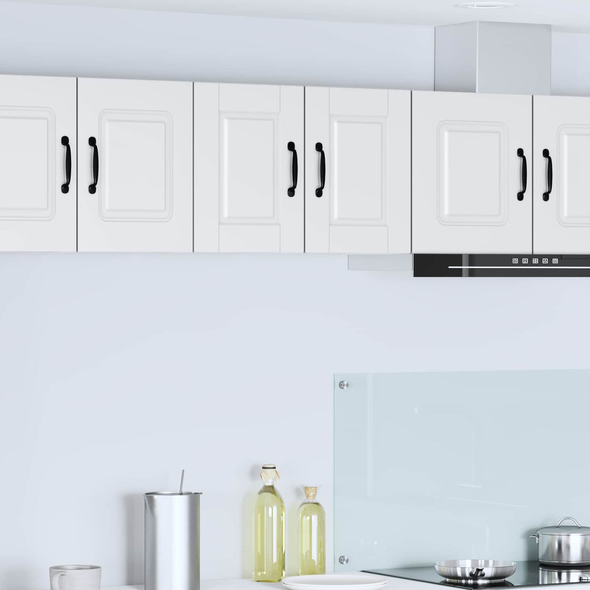 Kitchen Wall Cabinet with Glass Door "Porto" White 1x wall corner cabinet 57 cm wide 100 cm high–2x wall glass cabinet (1 door) 40 cm wide 40 cm high 2x wall cabinet (1 door) 30 cm wide 40 cm high