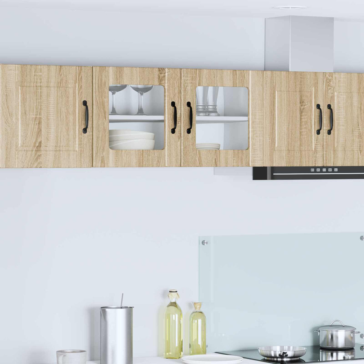 Kitchen Wall Cabinet with Glass Door "Porto" Sonoma oak 1x wall glass cabinet (1 door) 40 cm wide 40 cm high–2x wall glass cabinet (1 door) 40 cm wide 80 cm high 1x wall glass cabinet (2 doors) 80 cm wide 40 cm high