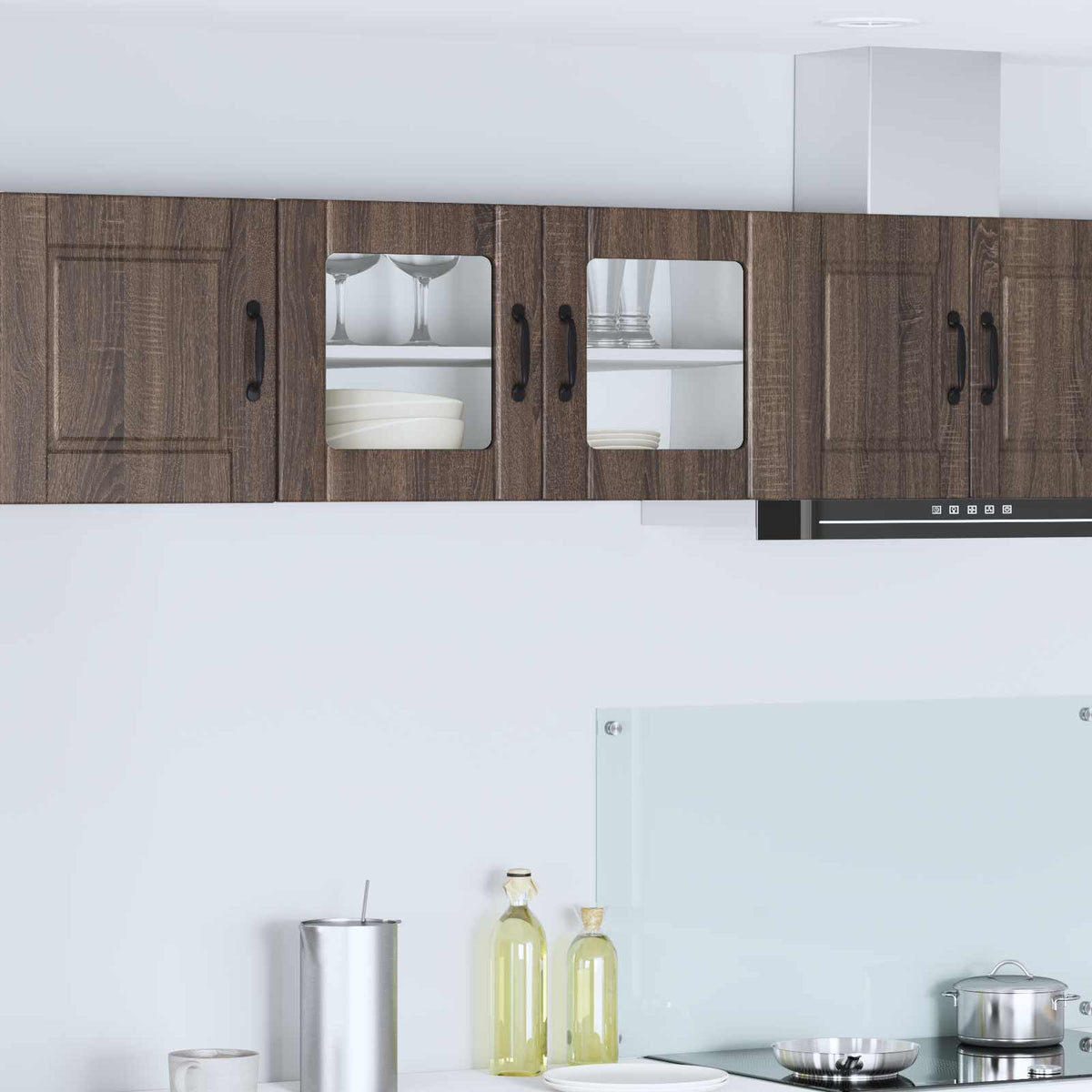 Kitchen Wall Cabinet with Glass Door "Porto" Brown oak 1x wall glass cabinet (1 door) 40 cm wide 40 cm high–2x wall glass cabinet (1 door) 40 cm wide 80 cm high 1x wall glass cabinet (2 doors) 80 cm wide 40 cm high