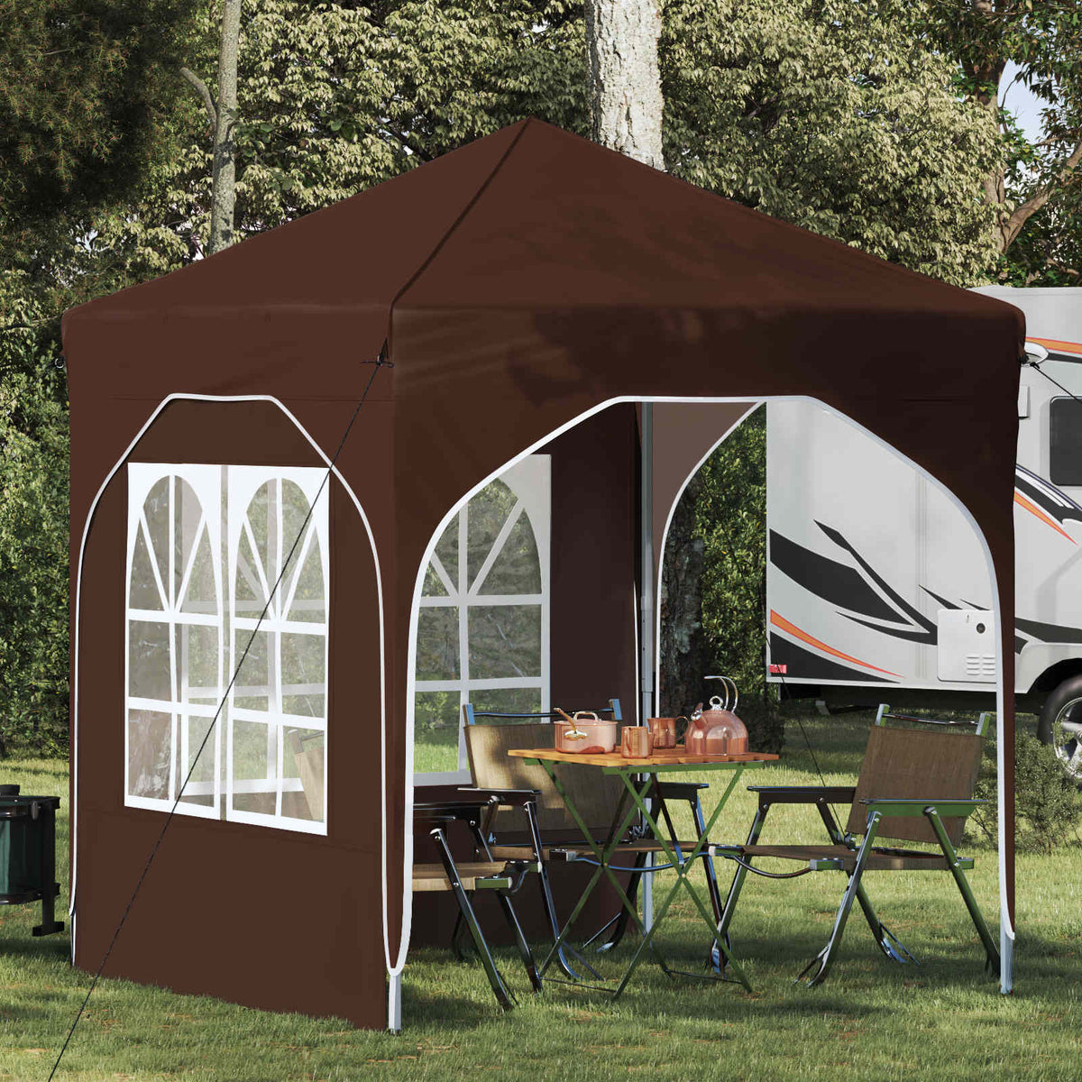 Pop-up Party Tent 192 x 192 x 245 cm with 2 Sidewalls Brown