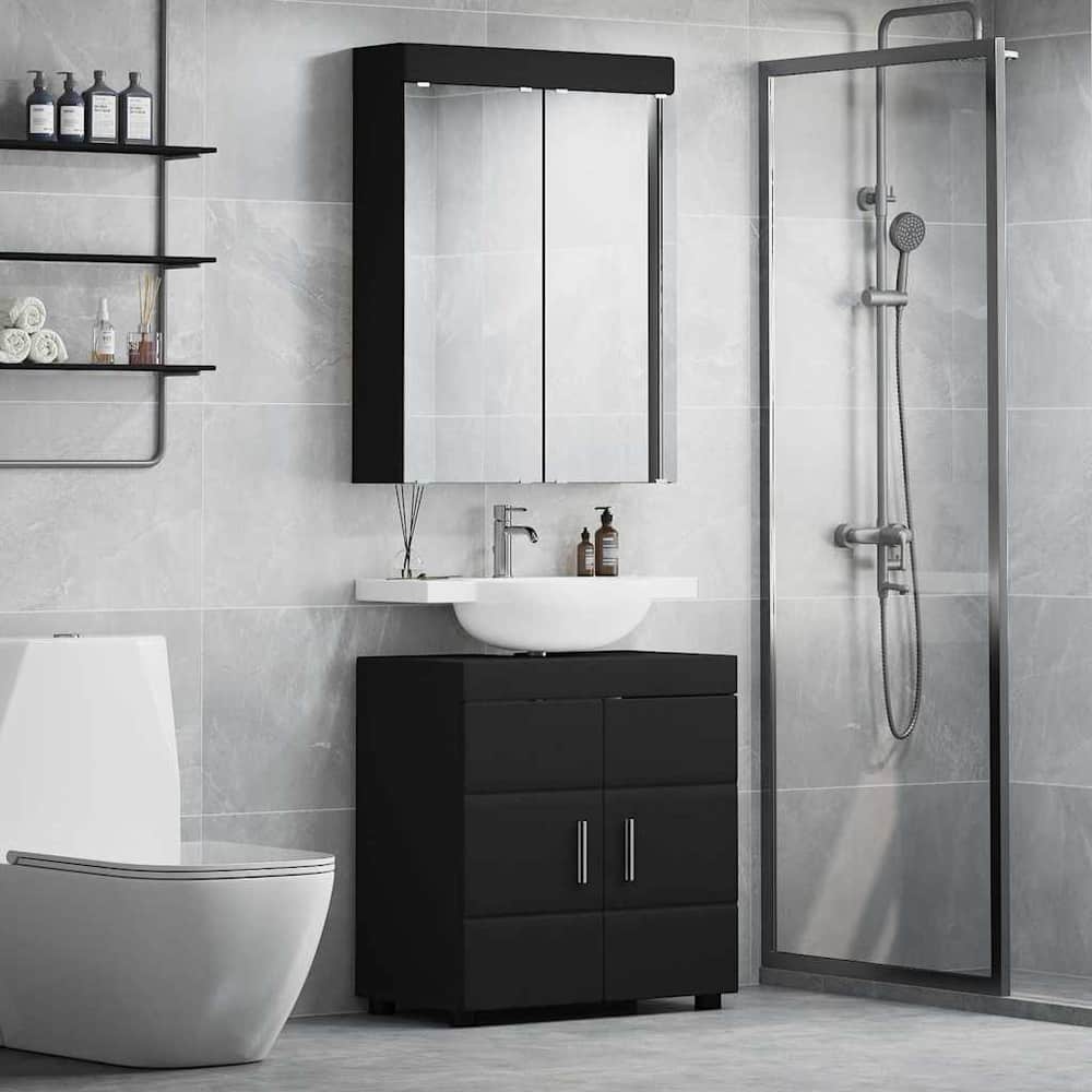 Bathroom Furniture Set TULUM 2 pcs 60 x 34 x 63 cm Sink Base +mirror Cabinet Black