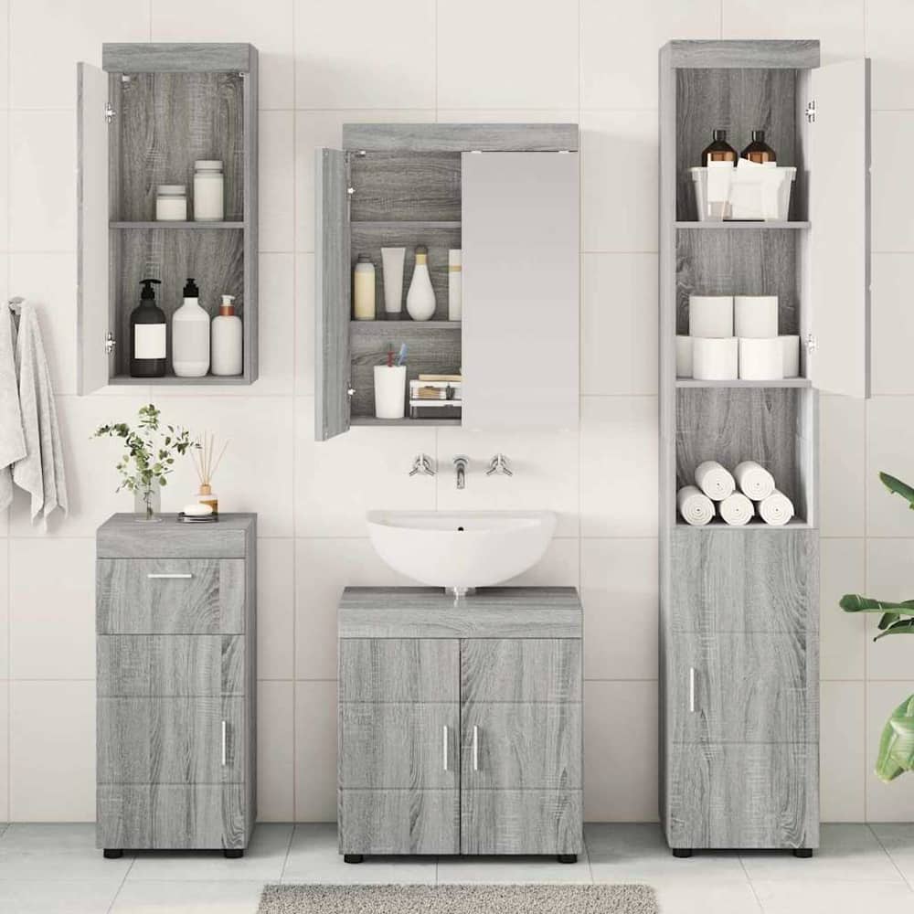 Bathroom Furniture Set TULUM 5 pcs 60 x 34 x 63 cm Sink base +mirror cabinet +cabinet with drawer +hanging cabinet +tall cabinet Grey sonoma