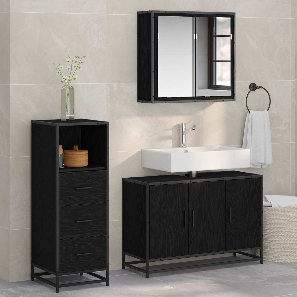 3 Piece Bathroom Furniture Set Engineered Wood Black oak