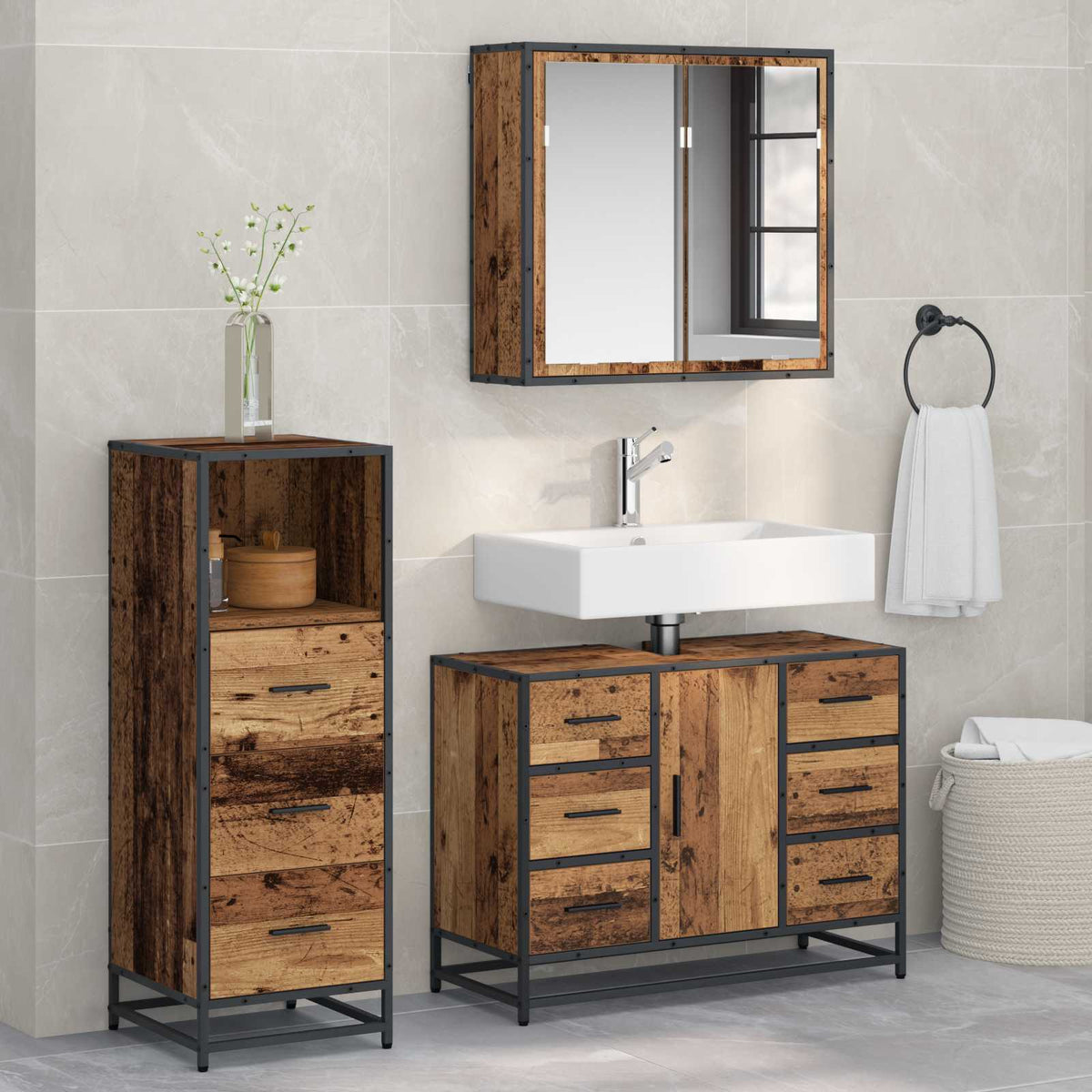 Bathroom Furniture Set 3 pcs Engineered Wood Old wood