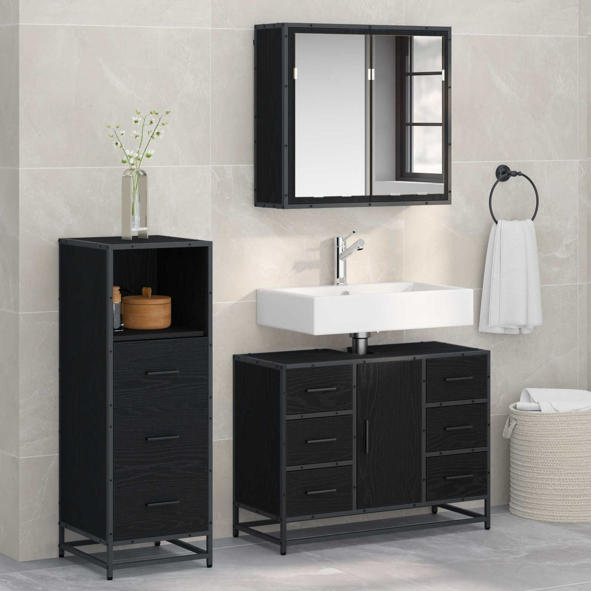 Bathroom Furniture Set 3 pcs Engineered Wood Black oak