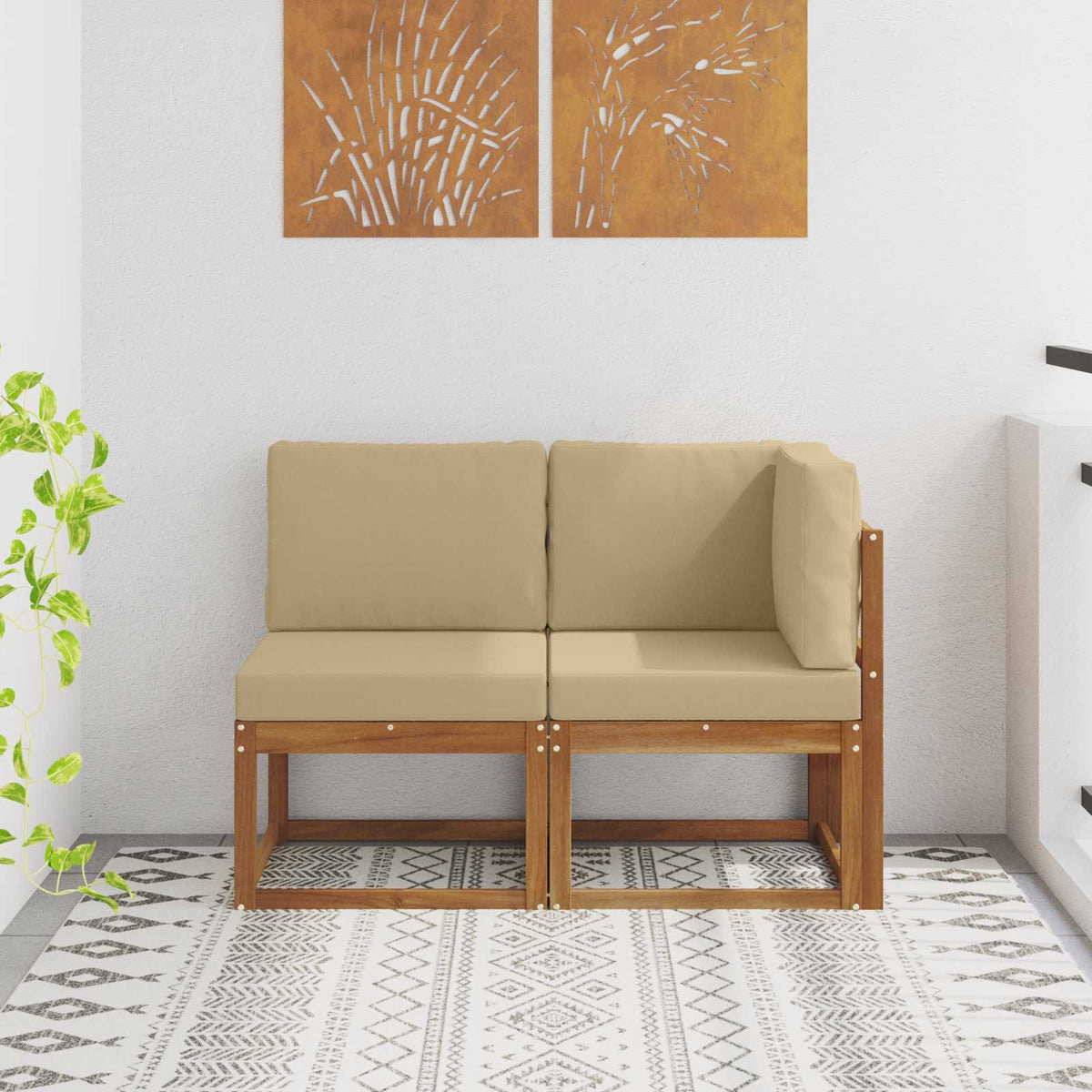 Outdoor Middle and Corner Sofa 2 Piece Natural and beige 1x middle +1x corner