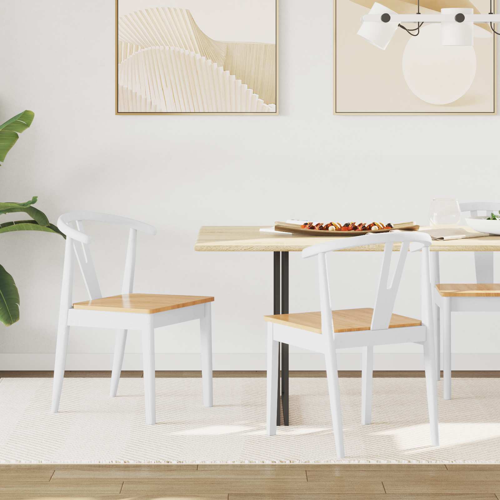 vidaXL Dining Chair 2 pcs Solid Rubber Wood White and Natural 1