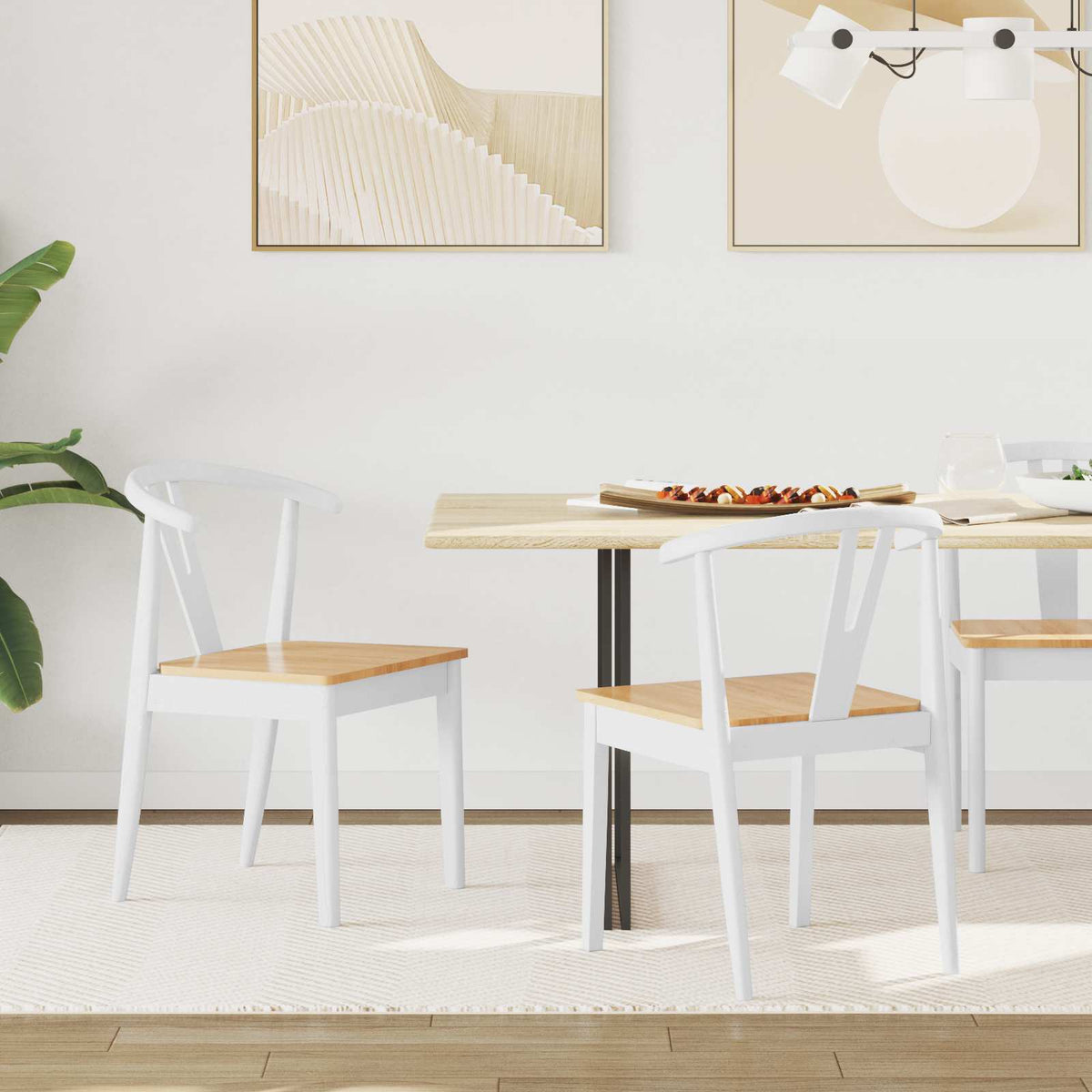 Dining Chair 2 pcs Solid Rubber Wood White and natural