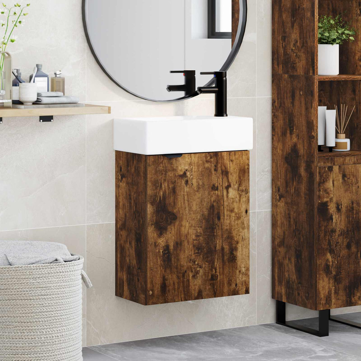 Bathroom Vanity Unit with Tap 45.5 x 22.5 x 84 cm Smoked oak Right hand