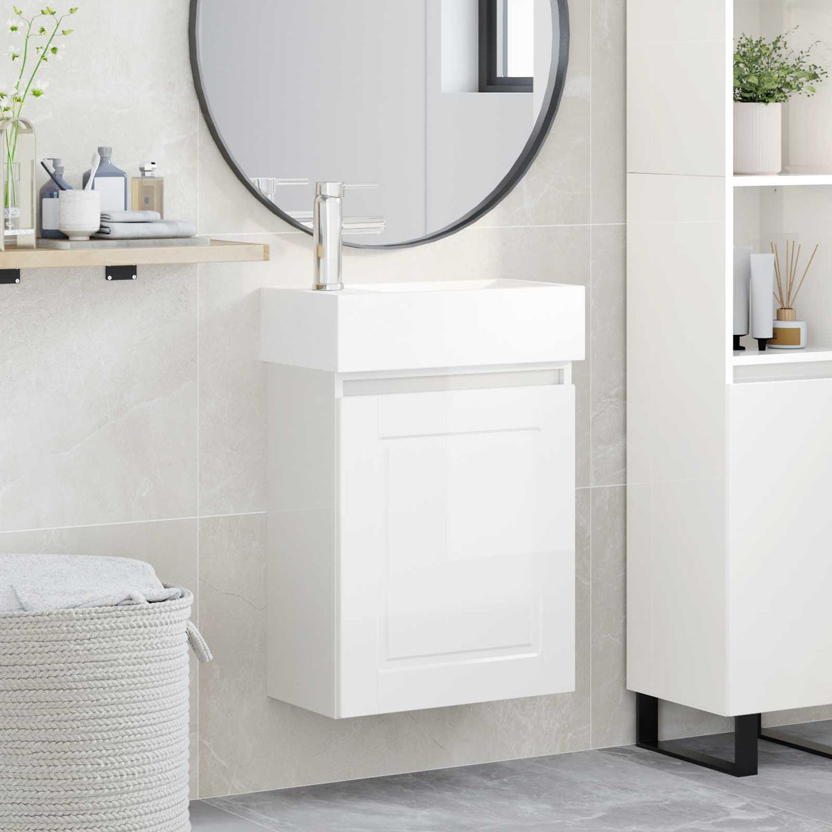 Bathroom Vanity Unit with Tap 45.5 x 22.5 x 84 cm High gloss white with left faucet