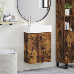 Bathroom Vanity Unit with Tap 45.5 x 22.5 x 84 cm Smoked oak with left faucet
