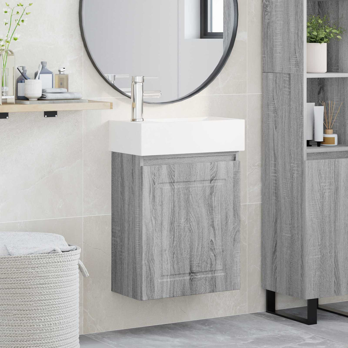 Bathroom Vanity Unit with Tap 45.5 x 22.5 x 84 cm Grey sonoma with left faucet
