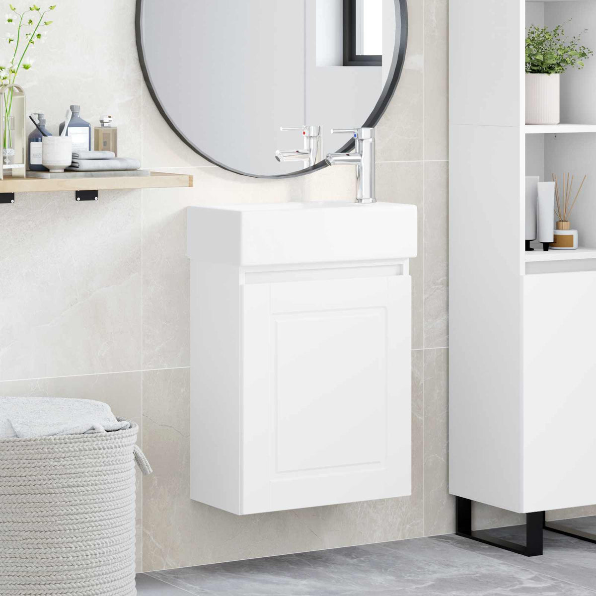Bathroom Vanity Unit with Tap 45.5 x 22.5 x 84 cm White with right faucet