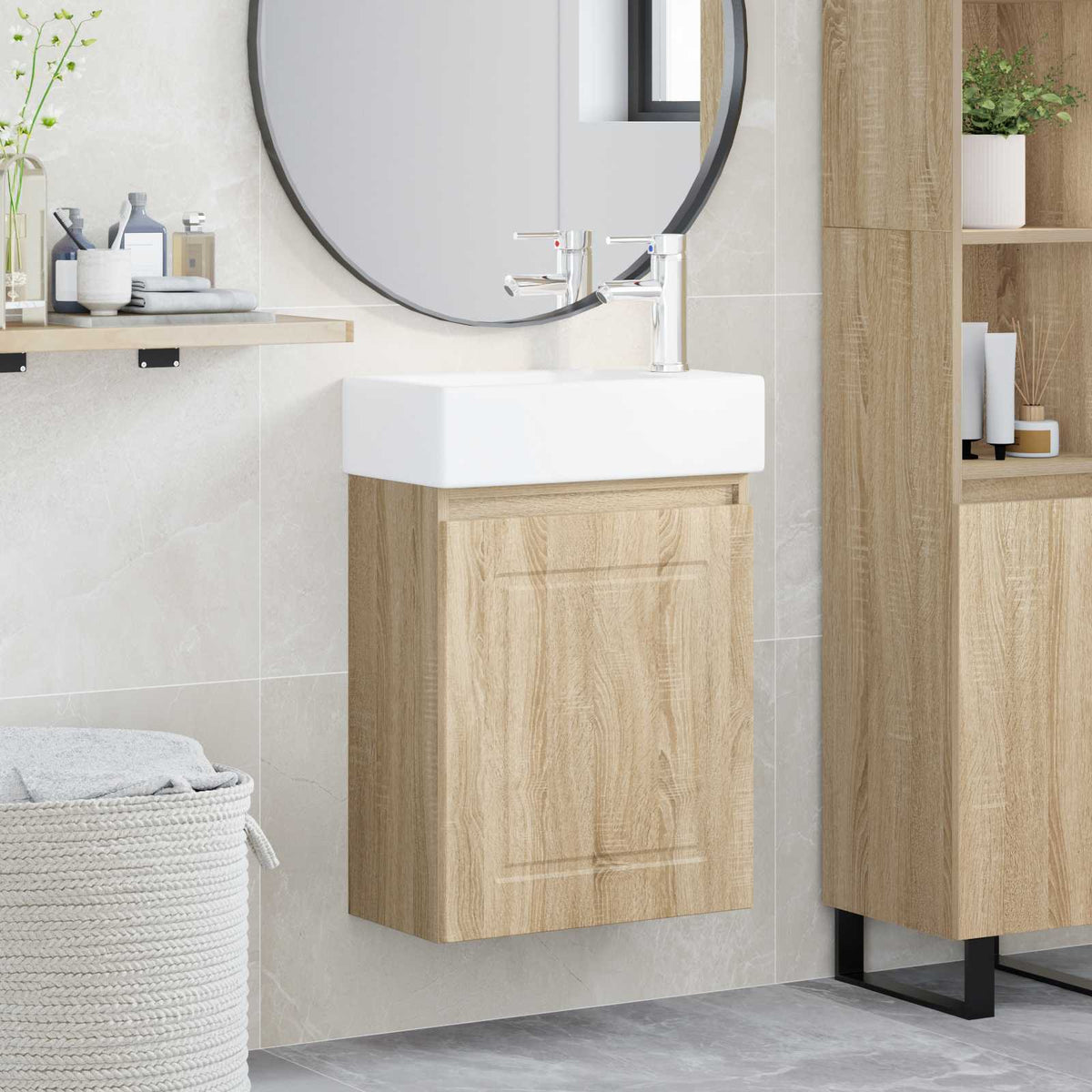 Bathroom Vanity Unit with Tap 45.5 x 22.5 x 84 cm Sonoma oak with right faucet