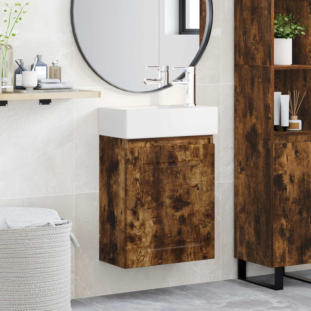 Bathroom Vanity Unit with Tap 45.5 x 22.5 x 84 cm Smoked oak with right faucet