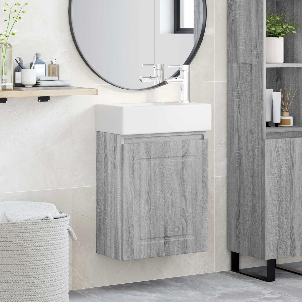 Bathroom Vanity Unit with Tap 45.5 x 22.5 x 84 cm Grey sonoma with right faucet