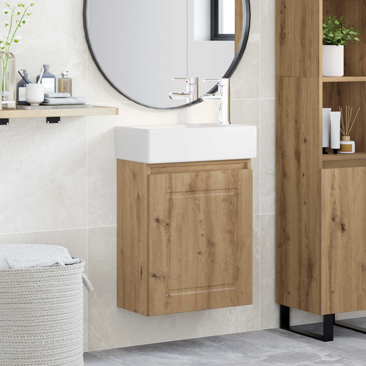 Bathroom Vanity Unit with Tap 45.5 x 22.5 x 84 cm Artisan oak with right faucet