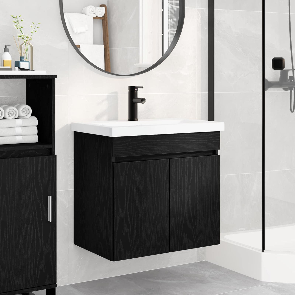 Bathroom Vanity Unit with Tap 61 x 40 x 74.5 cm Black oak