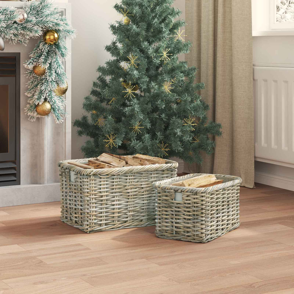 Firewood Basket GENDT 2 pcs Natural Kubu Rattan Grey
